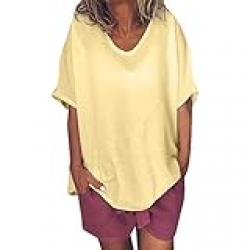 Fankle T Shirt Top for Women Plain Short Sleeve Tee Oversized Ladies Casual Loose Blouse Plus SizeYellow,M)
