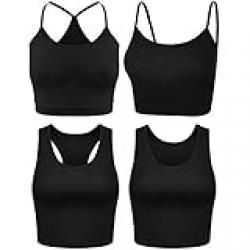 Boao 4 Pieces Cotton Basic Sleeveless Racerback Crop Tank Top Women's Sports Crop Top for Lady Girls Daily Wearing, Black, L