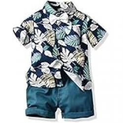JooNeng Toddler Baby Boy Shorts Sets Hawaiian Outfit,Infant Kid Leave Floral Short Sleeve Shirt Top+Shorts Suits Dark Blue, 9-12 Months