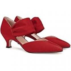 Coutgo Womens Low Kitten Heel Dress Shoes Pointed Toe Slip on Ankle Strap Cutout Elegant Party Wedding Pumps, Red, 7