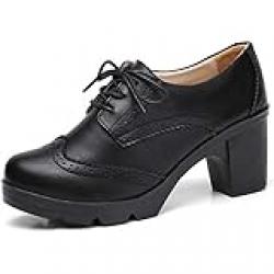 DADAWEN Women's Classic T-Strap Platform Mid-Heel Square Toe Oxfords Dress Shoes Black US Size 8.5