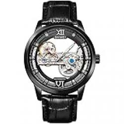 SKMEI Automatic Mechanical Watches for Men-Skeleton Watches, Luxury Dress Leather Waterproof Luminous Men Wrist Watch, for Men, Boyfriend, Father, Grandfather, Black-Black, classic