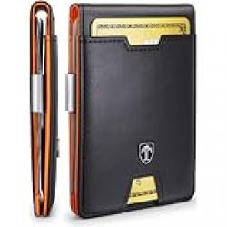 TRAVANDO Mens Slim Wallet with Money Clip AUSTIN RFID Blocking Bifold Credit Card Holder for Men with Gift Box (Black & Orange)