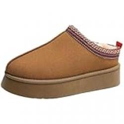 Women's Slipper Thick-Soled Snow Boots Winter Short Ankle Suede Leather Snow Boots Fur Fleece Lined Slippers, 36 EU