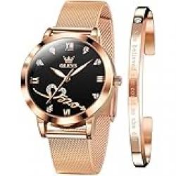 OLEVS Womens Watches Rose Gold Mesh Strap Fashion Dress Quartz Waterproof Luminous Watches for Women Bracelet Sets Black Face