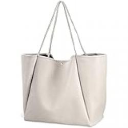 HOXIS Oversize Vegan Leather Tote Women Weekender Bag Shopper Handbag Travel Purse, Ivory, Medium
