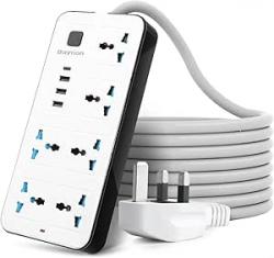 Baytion Extension Lead,Universal Electric Extension Cord with 3 Pin Socket,Extensions Cord with 6 Gang |3 USB Ports |1 Type-C Port,1.88 Meters Extension Power Cables for Home,Kitchen and Office(White)