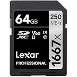 Lexar Professional 1667x SD Card 64GB, SDXC UHS-II Memory Card, Up to 250MB/s Read, 120MB/s Write, Class 10, U3, V60, SD for Professional Photographer, Videographer, Enthusiast (LSD64GCB1667)