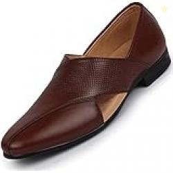 FAUSTO Men's Ethnic Leather Peshawari Slip On Shoes for Wedding|Party|Occasions|Fashion|Stylish|Outdoor|Lightweight|Shoes with TPR Sole (6-13 UK) (Tan, numeric_10)