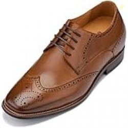 CALTO Men's Invisible Height Increasing Elevator Shoes - Brown Premium Leather Wing-tip Lace-up Formal Oxfords - 3 Inches Taller - Y10652, Brown, 9